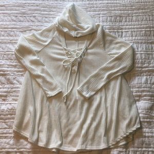 Boutique Ivory Lace Up Tunic Hoodie
